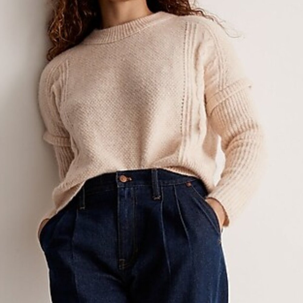 Madewell Cable Havener Pullover Sweater NWT Size Medium Crew Neck Tan